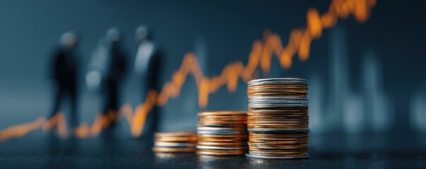 Stacks of coins in front of a blurred background with business figures and an upward trending graph