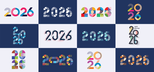 Big Set of 2026 geometric number design template. 2026 New Year logo text design. Collection of 2026 Happy New Year. Vector illustration.