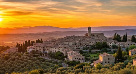 Obraz premium Golden Tuscan Sunset Over Ancient Hilltop Village