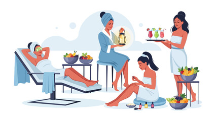 Relaxing spa scene with women receiving treatments and enjoying refreshing drinks served by a therapist in a tranquil wellness environment