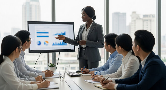 A business woman giving a presentation in a modern office setting - Powered by Adobe