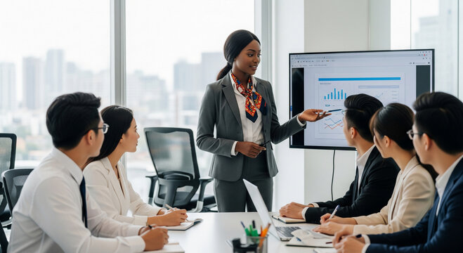 A woman in a suit leads a presentation to a diverse group in a modern office. They're engaged, analyzing data, with sunlight streaming through the window.