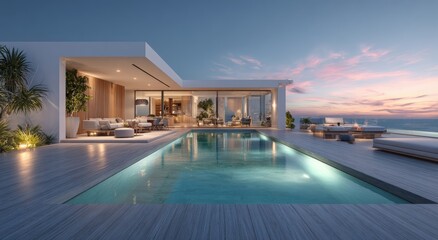 Fototapeta premium Modern penthouse with infinity pool at sunset