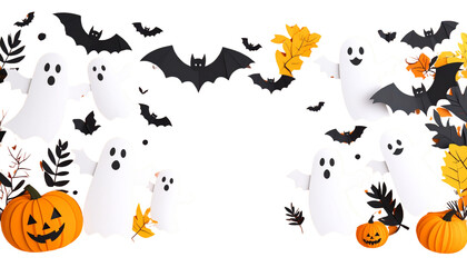 Set of spooky Halloween icons, including pumpkins, bats and witch hats isolated on a white background