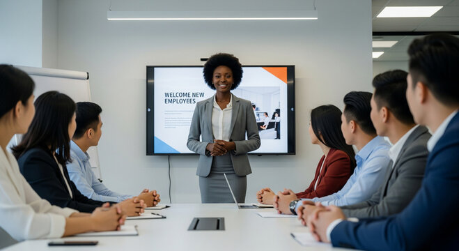Confident speaker presenting to a diverse business team. The room setting enhances a professional and collaborative atmosphere