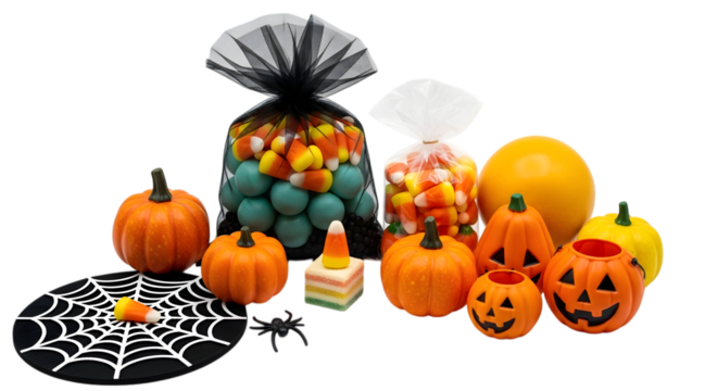 Halloween candy and decorations including pumpkins, candy corn, and spider web isolated on transparent background