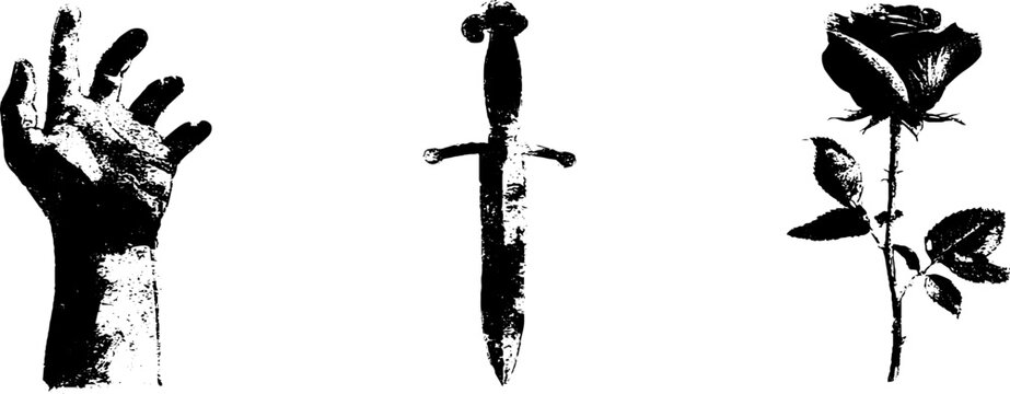 Grunge black and white tattoo designs featuring hand dagger and rose for creative projects