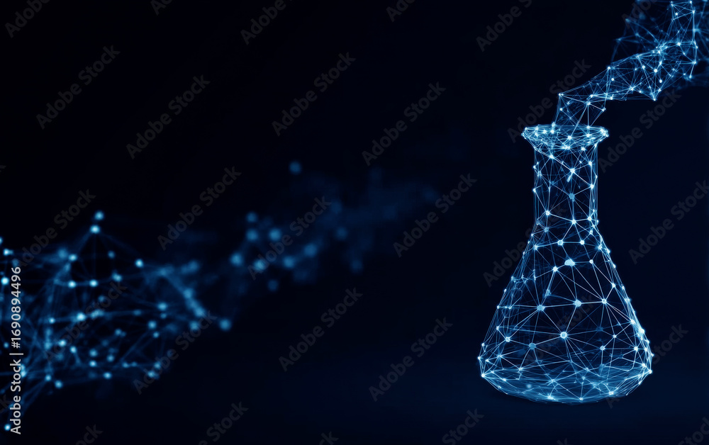 Poster digital representation of a scientific flask with connected lines and dots