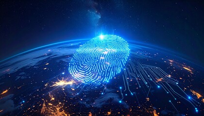 Digital fingerprint made of glowing blue lines over Earth from space, centered on Europe, symbolizing global digital identity and cybersecurity.