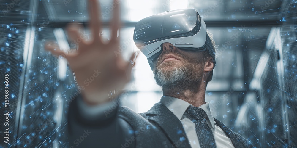 Poster businessman experiencing virtual reality in data center surrounded by digital data streams and high-