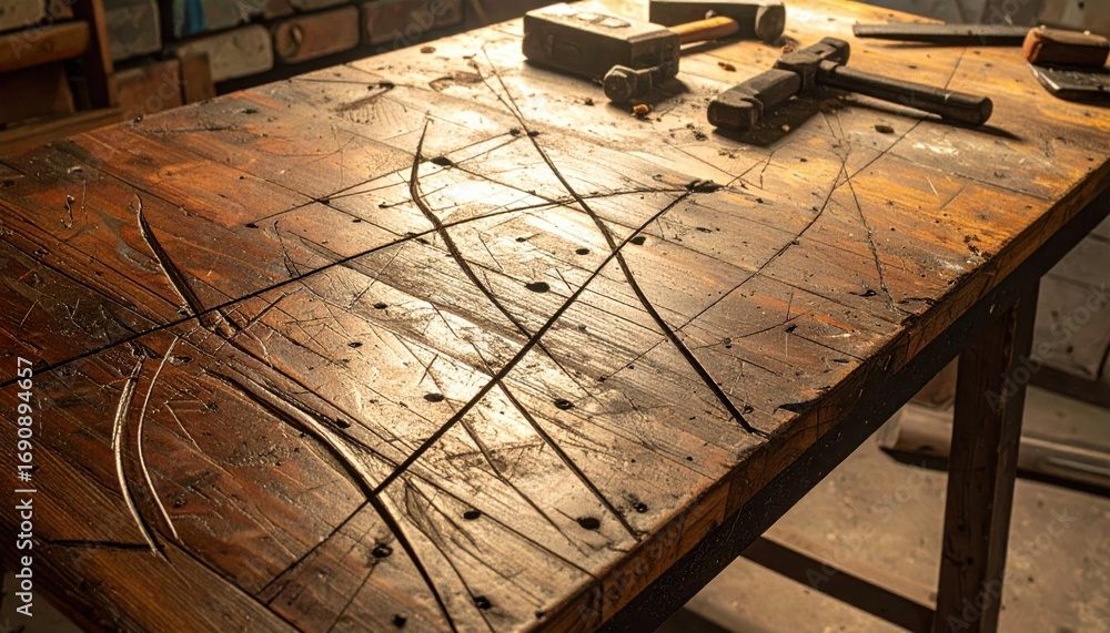 Poster rustic workbench with tools and wood grain patterns in workshop