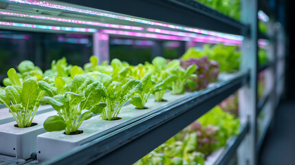 Hydroponic lettuce growing under LED lights in a vertical farm