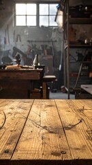 Cozy Workshop with Wooden Table and Tools in Background Light