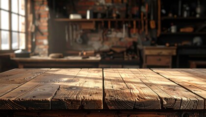 Warm Rustic Wooden Table in a Cozy Workshop Atmosphere