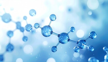 Stylized molecular structure with blue spheres and connecting rods on light blue gradient background with bokeh effects.