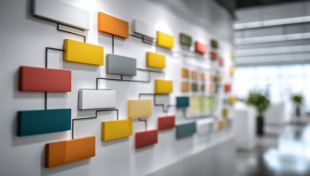 Colorful flowchart on a white wall