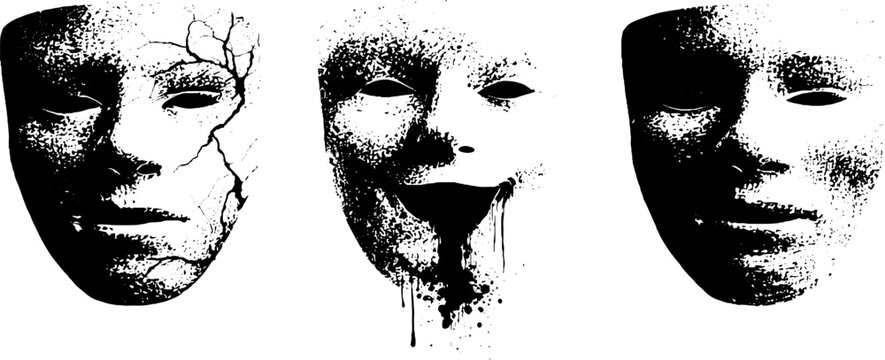 Dramatic grunge black and white theatrical mask collection for design projects