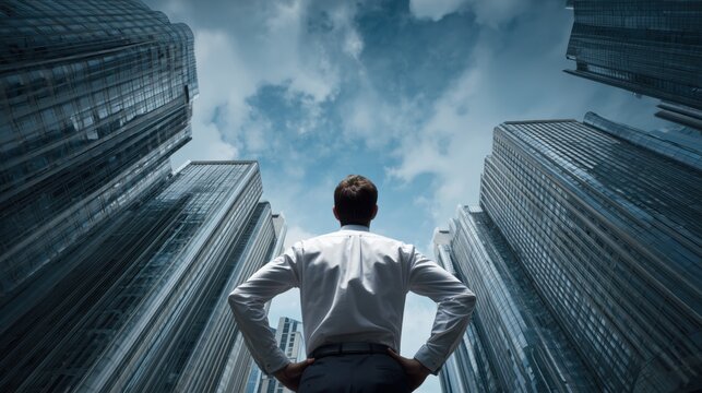 Businessman Looking Up at Modern Skyscrapers in the City