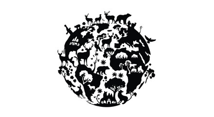 Diverse wildlife silhouettes embracing the planet, symbolizing global biodiversity and conservation efforts.