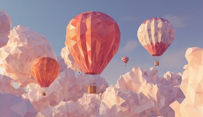 Fototapeta premium Low-poly hot air balloons amidst clouds at sunset