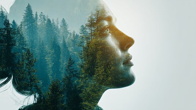 Ethereal beauty merges with nature, a mesmerizing double exposure depicting introspection and our connection with the environment.