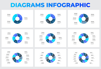 Set of Circular Diagram Infographics for Business or Data Representations with 3, 4, 5, 6, 7, 8, 9, 10 and 11 Steps
