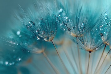 Close-up of a teal dandelion seed head with water droplets