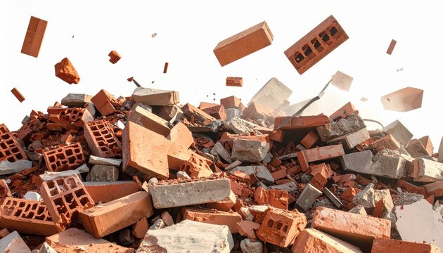 Falling Debris from Construction Site with Red Bricks and Dust