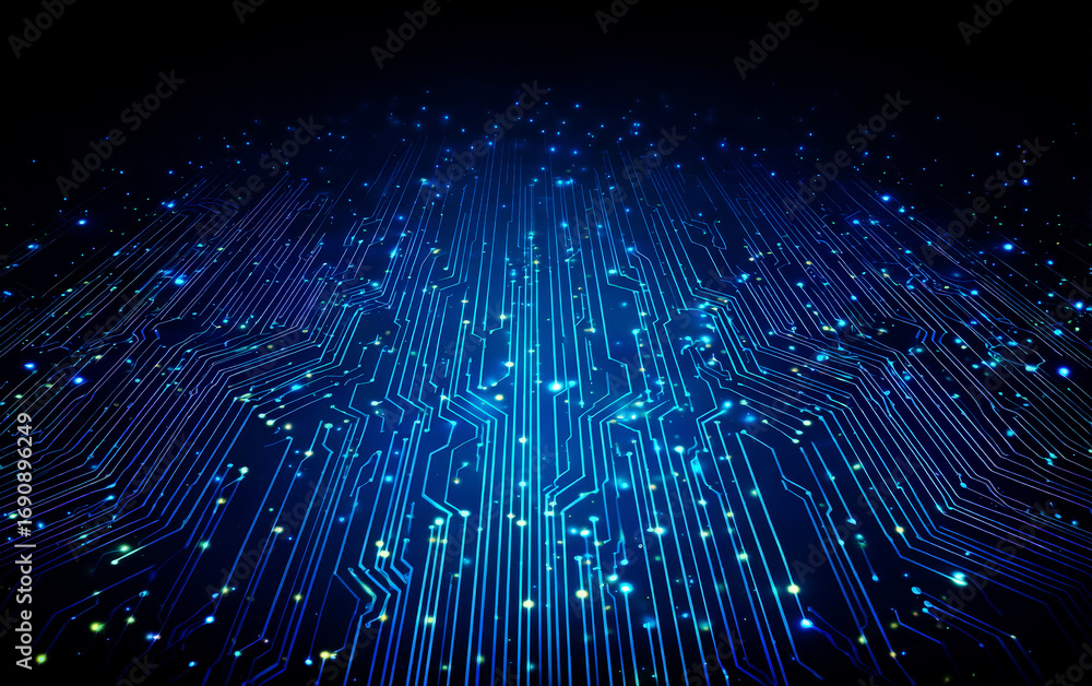 Poster blue circuit board pattern with digital connections and technology elements