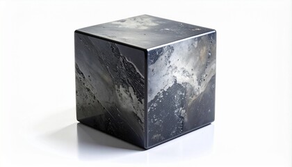 Dark metallic cube with weathered stone texture, sharp edges, minimalist futuristic design on a white background