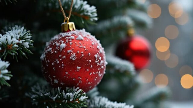 Christmas ball on the Christmas tree covered with snow
