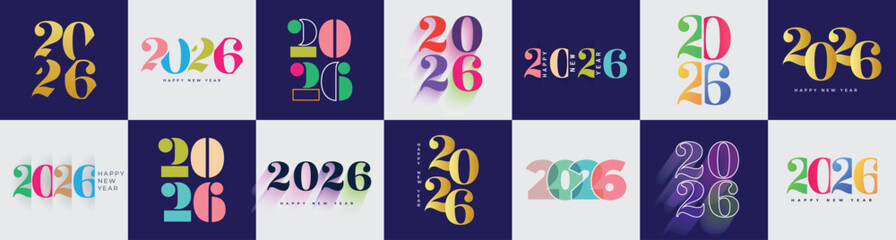 Big set of happy new year 2026 icons colorful design