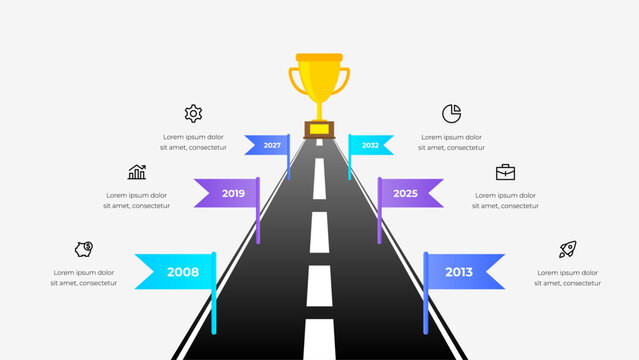 Illustrative infographic showing a roadmap timeline with flags representing milestones and a trophy symbolizing achievement at the end of the path