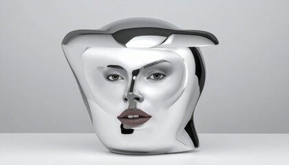 Abstract metallic sculpture of a human face with smooth features