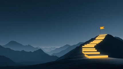 Glowing stairway to success leading up mountain against dark blue sky evoking challenge and reward.