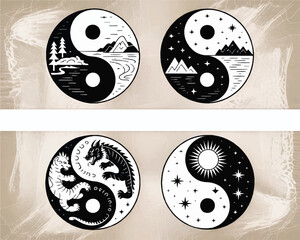 Yin Yang Symbol Collection Vector Art Featuring Balance, Harmony, and Duality in Diverse Representations
