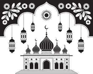 Ornate Islamic Building Silhouette Vector Lanterns Crescent Moon Floral Archway Architectural
