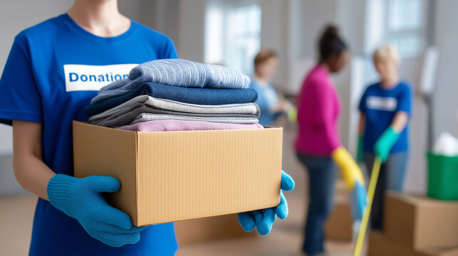 Volunteer holding donation box filled with folded clothes at community support center.
 - Powered by Adobe