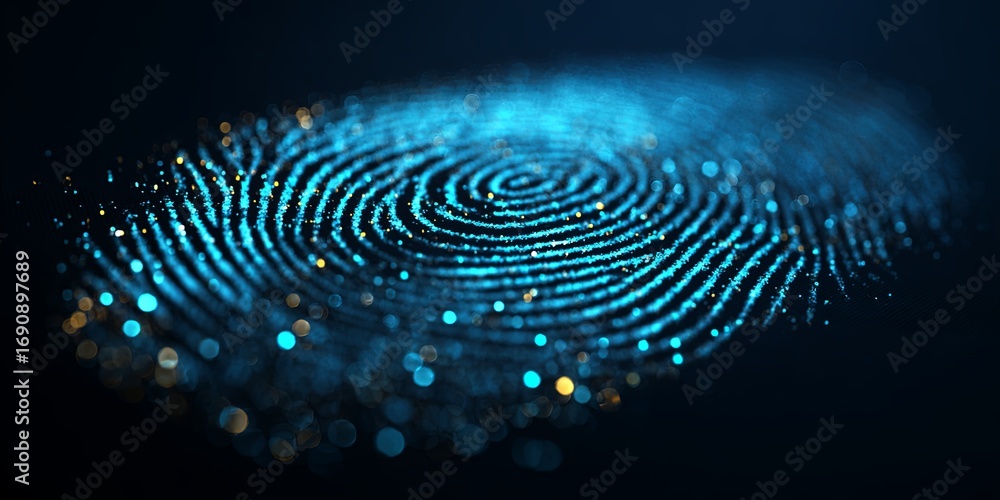 Poster high-resolution digital fingerprint with glowing effects on a dark background representing identity 