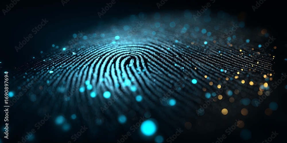 Poster high-resolution digital fingerprint with glowing effects on a dark background representing identity 