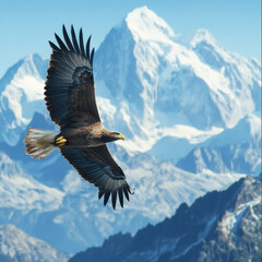Soaring Majesty: Majestic eagle soars effortlessly against a backdrop of towering, snow-capped mountains, embodying freedom, strength, and the raw beauty of untamed nature.