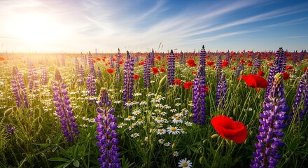 Blooming Meadow with Lupine Poppies and Daisies Under a Sunny Sky