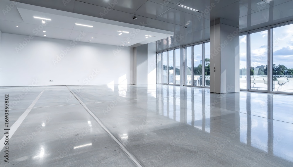 Poster modern empty office space with large windows and polished floor