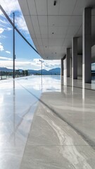 Modern Architecture with Reflections and Scenic Mountain Background