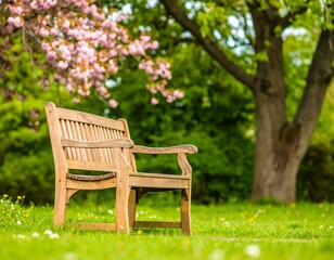 Wooden park bench under blossoming trees