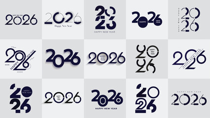 Happy New Year 2026 logos design black set. Vector Christmas with numbers 2026 isolated on white background. New Year holiday logos template. Collection of modern 2026 Happy New Year symbols.