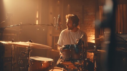 Drummer Performing in Recording Studio with Microphone