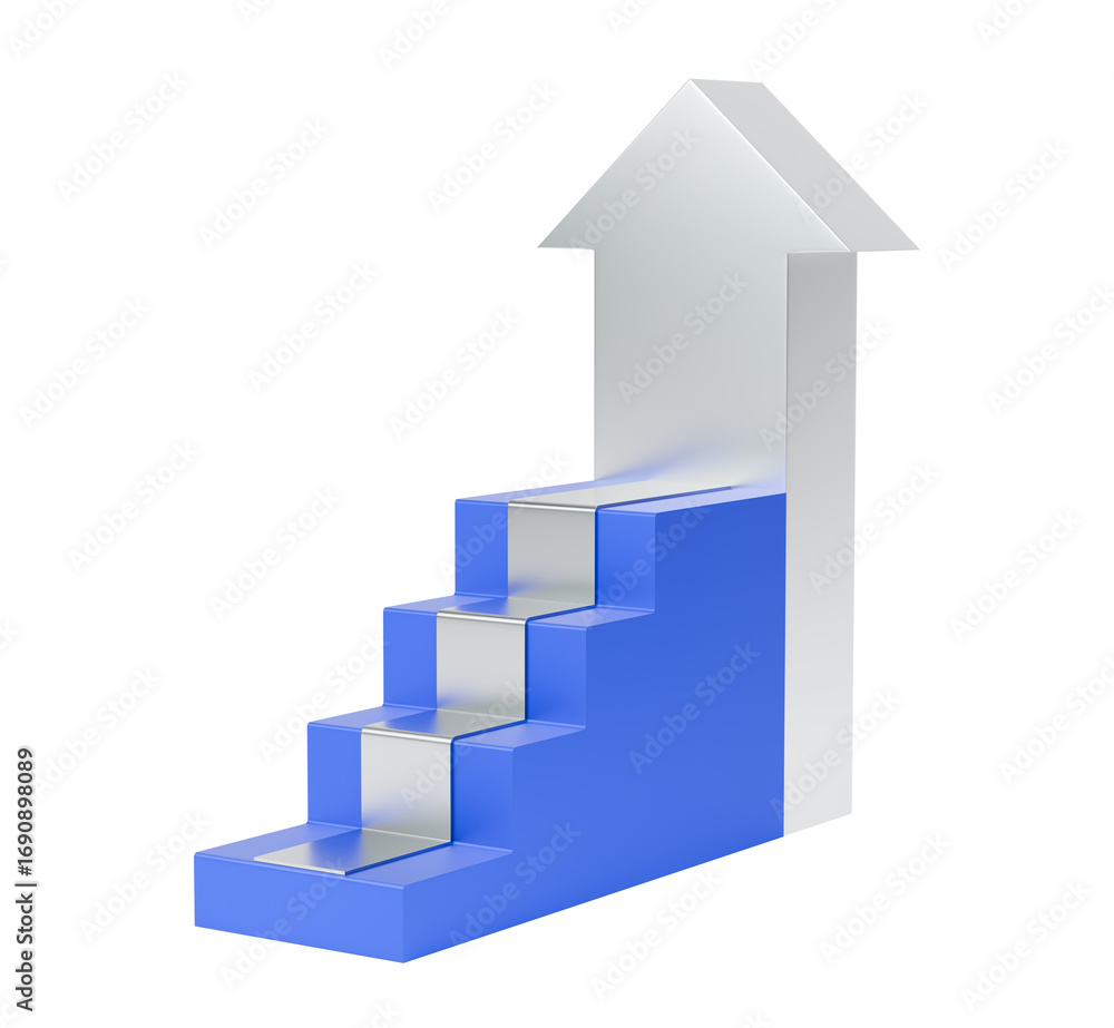 Poster 3d rendering of a business performance model graph shaped like ascending steps leading to an arrow p