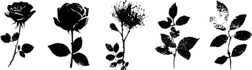 Naklejka premium Grunge black and white set of wilted flower silhouettes for design and decoration