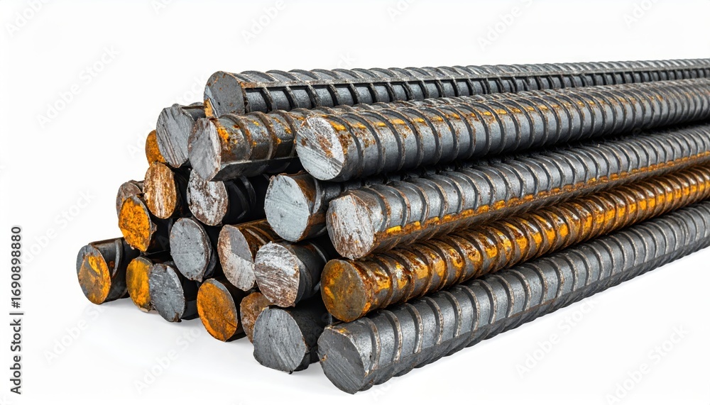 Poster close-up of rusty reinforcing bars piled for construction use